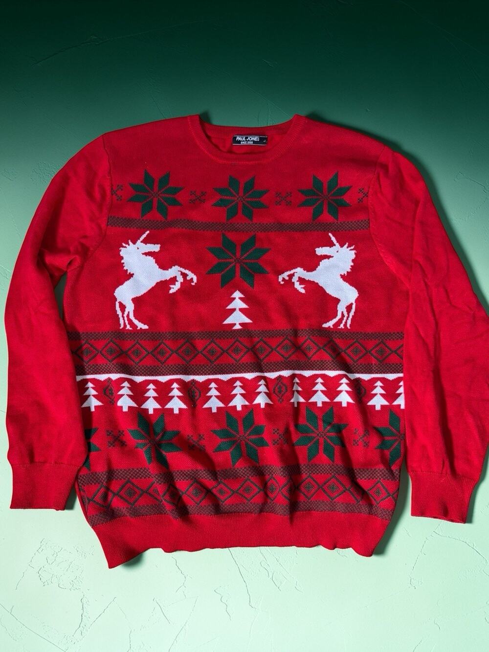 Paul Jones Men Crewneck Christmas Sweater Size Large Unicorns Red